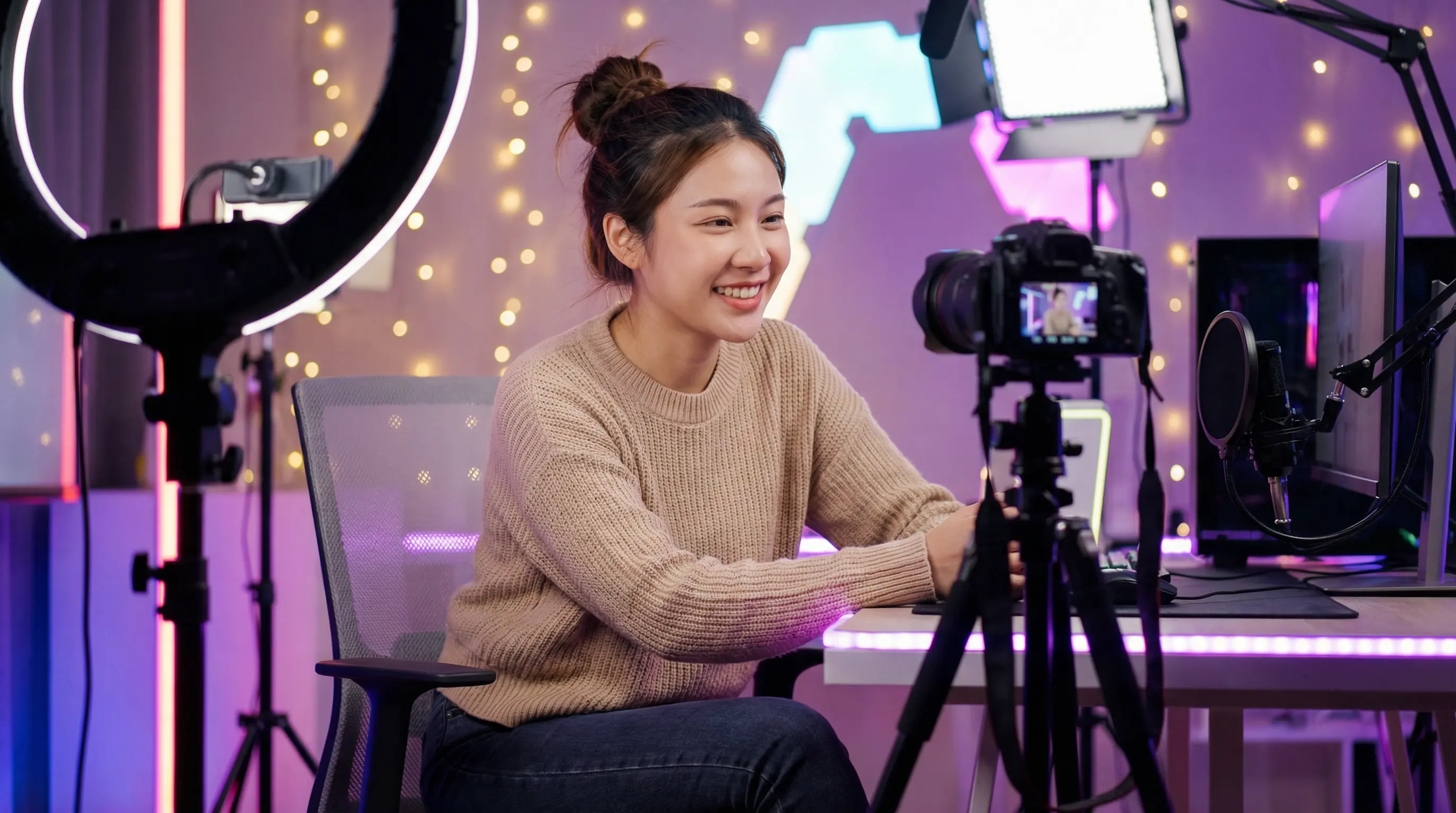 国产视频原创视频创作者在专业工作室录制视频